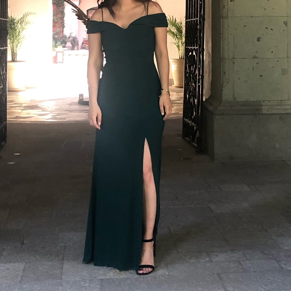 Morgan & Co Off the Shoulder Gown (forest green) wedding guest dress